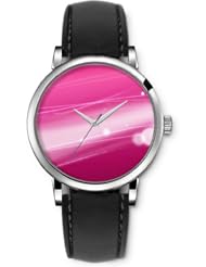 SPRAWL Aanalog Fashion Series Silver Ladies Watches of Genuine Black Leather Strap,Unique Wrist Watch for Women Girls Designed with Lines and circles on pink background