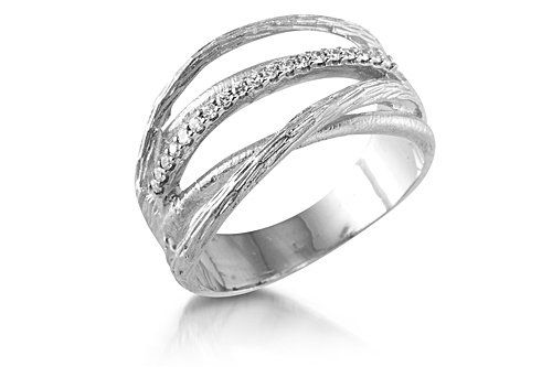 14K White Gold Matte-Finish Hand-Crafted Designer Etched Ring, Enhanced with Pave Set Diamonds.