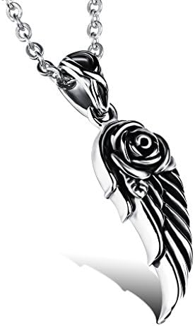 JSea Jewelry Vintage Black Silver Feather Angel Wings Pendant Rose Necklace