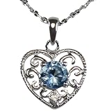 Aquamarine Cubic Zirconia 0.5ct Center Filigree Heart Platinum Overlay CAREFREE Sterling Silver Pendant Necklace