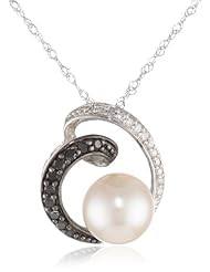 14K White Gold 8 - 8.5mm Freshwater Cultured Pearl and Black and White (0.14 cttw, G-H Color, I1-I2 Clarity) Diamond Pendant Necklace, 17"