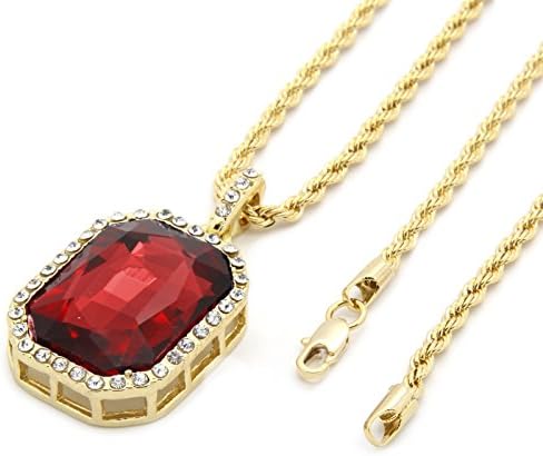 Mens 14k Gold Plated Iced Out Red Ruby Octagon Pendant Hip-Hop 24" Rope Chain M3