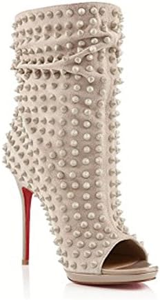 Coleter Women's Peep Toe Mid-Calf High Heels Rivets Decoration Slip-on Boots 8 M US