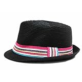 Black Stylish Straw Fedora with Striped Hat Band