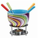 Mastrad Ceramic Fondue with Coloured Metal Handle Forks, Stripes Design