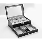 Autoark AW-001 Black Leather 12 Mens Watch Box with Jewelry Display Drawer Lockable Watch Case Organizer