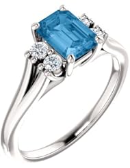 18K White Gold 7.00x5.00mm Emerald Cut Swiss Blue Topaz and Diamond Ring -- LIFETIME WARRANTY
