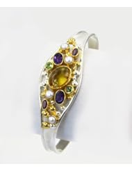 Michou Bali Style Sterling Silver .925 Gold Amber, Pearl, Peridot and Amethyst Cuff Bracelet Adjustable