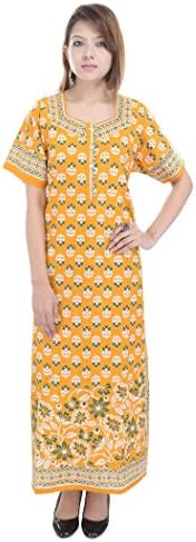 VRA Women's Cotton Printed Yellow Night Gown