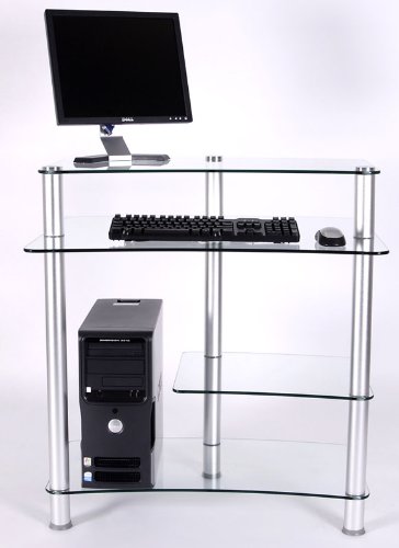 Modern Glass & Steel Computer Desk w Keyboard, Tower & Printer Shelves