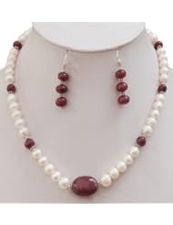 Designer Single Strand Natural Classy Cabochon Ruby & Pearl Beaded Necklace with Free Earrings