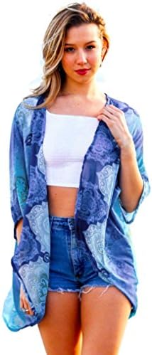 OVERMAL Women Print Kimono Loose Cardigan Chiffon Tops Blouse Shawl Cover up (L)