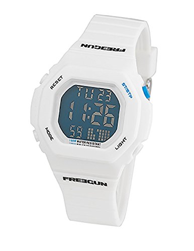 Freegun-EE5137-Montre garçon-LCD-Boitier rectangulaire en plastique blanc-affichage digital sur fond bleu-Bracelet en plastique blanc