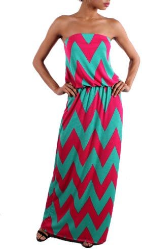 Women's Chevron Maxi Dress Strapless Fucshia and Mint Size: Small