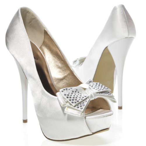 Qupid Women’s NEUTRAL219 Bow Open Peep Toe Silver Crystal Studded Bridal Party Platform Stiletto High Heel Pump Sandal Shoes, White Satin, 7.5 B (M) US