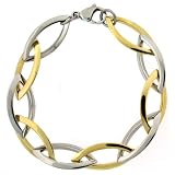 Bracelet Stainless Steel Gold Plated Two Tone Link Chain Design Polished Finish 8.25" by Bucasi