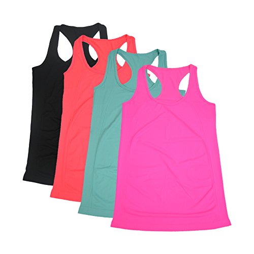 Semath Women's Stretchy Solid Color Essential Loose Fit Tank Top Supersoft Cami, 4 Pack/Shocking Pink/Light Blue/Black/Rosered, Medium