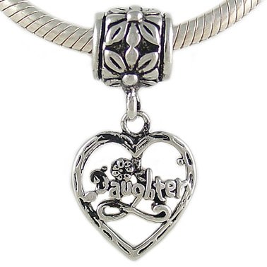 Daughter Heart Dangle Bead in Silver Plate for European Charm Bracelet