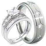 3 Pieces His & Hers, 925 Sterling Silver Rhodium Plated & Titanium Matching Engagement Wedding Bridal Ring Set.
