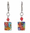 Earrings - E158 - Millefiore Rectangles + Swarovski (tm) Crystal Beads ~ Clear with Multi Colored Flowers