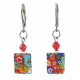 Earrings - E158 - Millefiore Rectangles + Swarovski (tm) Crystal Beads ~ Clear with Multi Colored Flowers