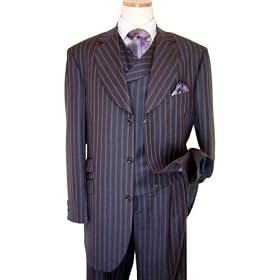 Extrema by Zanetti Charcoal Grey/Violet Pinstripes Super 130'S Italian Wool Wideleg Vested Suit