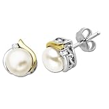 Sterling Silver and 14k Yellow Gold Freshwater Cultured Pearl 7mm Stud Earrings