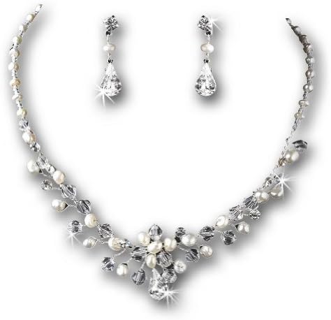 Silver-Tone Clear Crystal Ivory Freshwater Pearl Necklace Earring Set