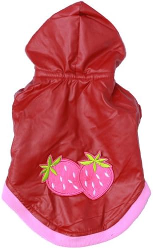 Small Pet Dog Puppy Pup PU Faux Leather Strawberry Pattern Waterproof Hoodie Coat Jacket Red S M (Small(Chest 13"/Back 9"))