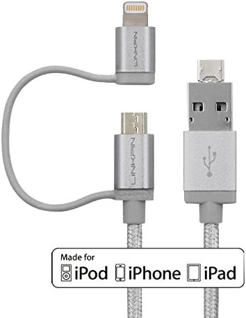 [Apple Mfi Certified] LINKPIN 2-in-2 Android 3ft/1.2M Lightning 8pin &amp; Micro USB to USB &amp; Micro USB SYNC braided Cable Charger Cord for Apple iPhone 6,6s &amp; Android phone with 2 Years Warranty(Grey)