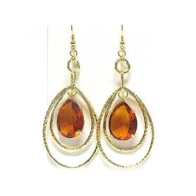 Bronze Tear Shape Stone Double Metal Deco Drop Earring Fashion Jewelry