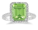 Emerald Cut Peridot and Diamond Ring 14K White Gold