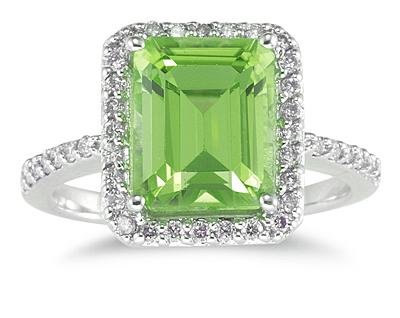 Emerald Cut Peridot and Diamond Ring 14K White Gold