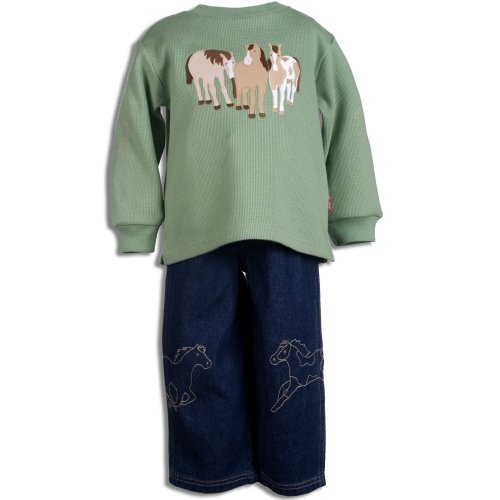 Le Top Giddy Up Thermal Waffle Weave Knit Shirt and Denim Pant Set with Pony Appliques, Sage Green, 12 Months
