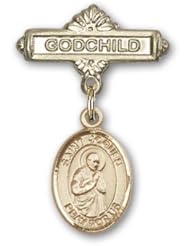 14K Gold Baby Badge with St. Isaac Jogues Charm and Godchild Badge Pin