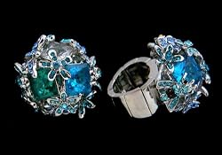 Improving Lifestyles BOLD Fashion Ring with Flowers and Large Blue/Green Crystal Stones Stretch