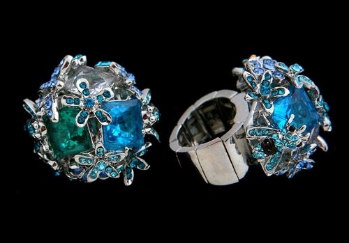 Improving Lifestyles BOLD Fashion Ring with Flowers and Large Blue/Green Crystal Stones Stretch