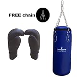 Vinyl Punch Bags Set 2 feet Blue Kickboxing Bags with Free Chrome Plated Heavy duty Chain and Kick Boxing Gloves Hand Moulded Quality Rexion Material Black 8oz