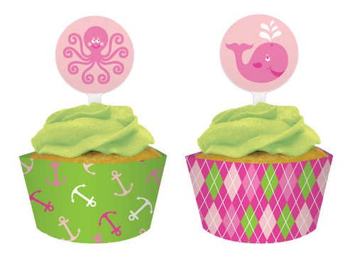 Creative Converting Ocean Preppy Girl Cupcake Topper Decorations with Matching Baking Cup Wrappers, 12 Count
