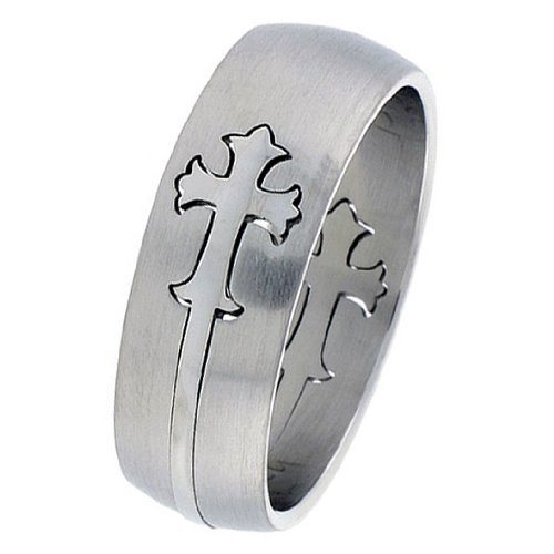 2 Piece Satin & Polished Stainless Steel Laser-Cut Cross Ring (8.0 mm) - Sizes 7-12