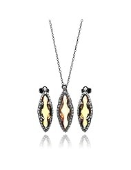 Nickel Free Sterling Silver Necklace & Earring Sets Black Rhodium CatS Eye Champagne Cubic Zirconia Stones Set Pendant 10Mm X 29Mm Earring 10Mm X 28Mm Chain 16-18 Inches