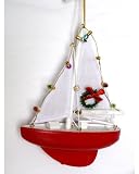 Sailboat with Lights and Wreath Christmas Ornament - Holiday Nautical Beach Decor
