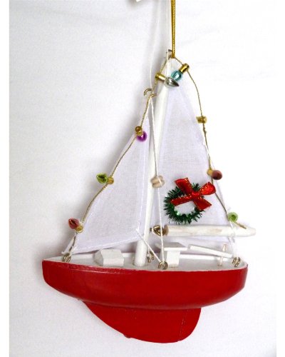 Sailboat with Lights and Wreath Christmas Ornament - Holiday Nautical Beach Decor