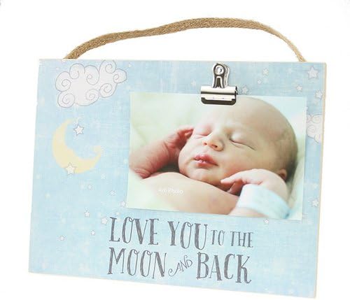 Kindred Hearts 10" x 7.5" Love You To The Moon Clip It Baby Photo Plaque for 4x6 Photo with Burlap Hanger (Blue)