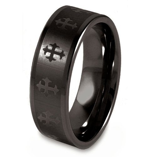 Black Plated Polished Tungsten Carbide Band with Laser Cross Design (8.0mm) - Sizes 8 - 13
