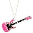 Enameled Guitar Necklace with Rhinestones In Pink with Silver Finish