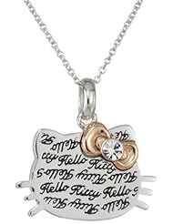 Hello Kitty by Simmons Jewelry Co. Czech Crystals Engraved Script Face Rose Gold Bow Dangle Girls Pendant Necklace