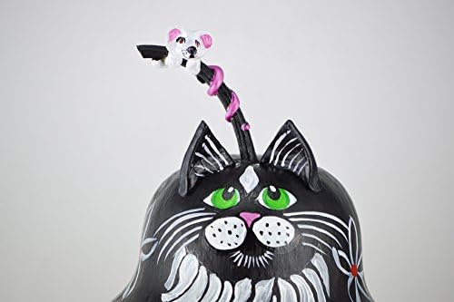 Folk Art Cat Gourd Sculpture Tuxedo Cat with Mouse