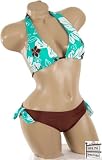 Sexy Trendy Cute Summer Brown Aqua Flower Floral Print Halter Top Adjustable Bikini Bathing Suit Swimsuit Swimwear