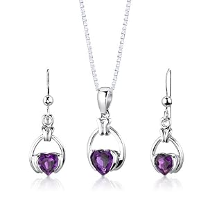 Click Here For Cheap Amazon.com: Sterling Silver Rhodium Finish 1.75 Carats Total Weight Heart Shape Amethyst Pendant Earrings And 18 Inch Necklace Set: Peora: Jewelry For Sale
